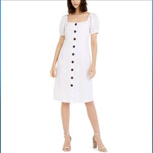 INC Women's Puff-sleeve Square-neck Linen Shirt Dress